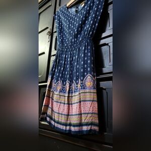 Mossimo Supply Co. Navy Blue Printed Sundress with Pink and Yellow Border
